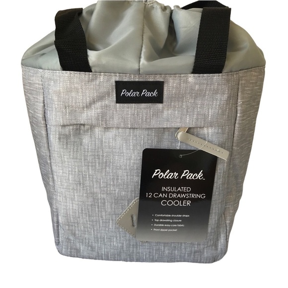 Polar Pak insulated 12 can drawstring cooler in light gray black handle - Picture 1 of 6